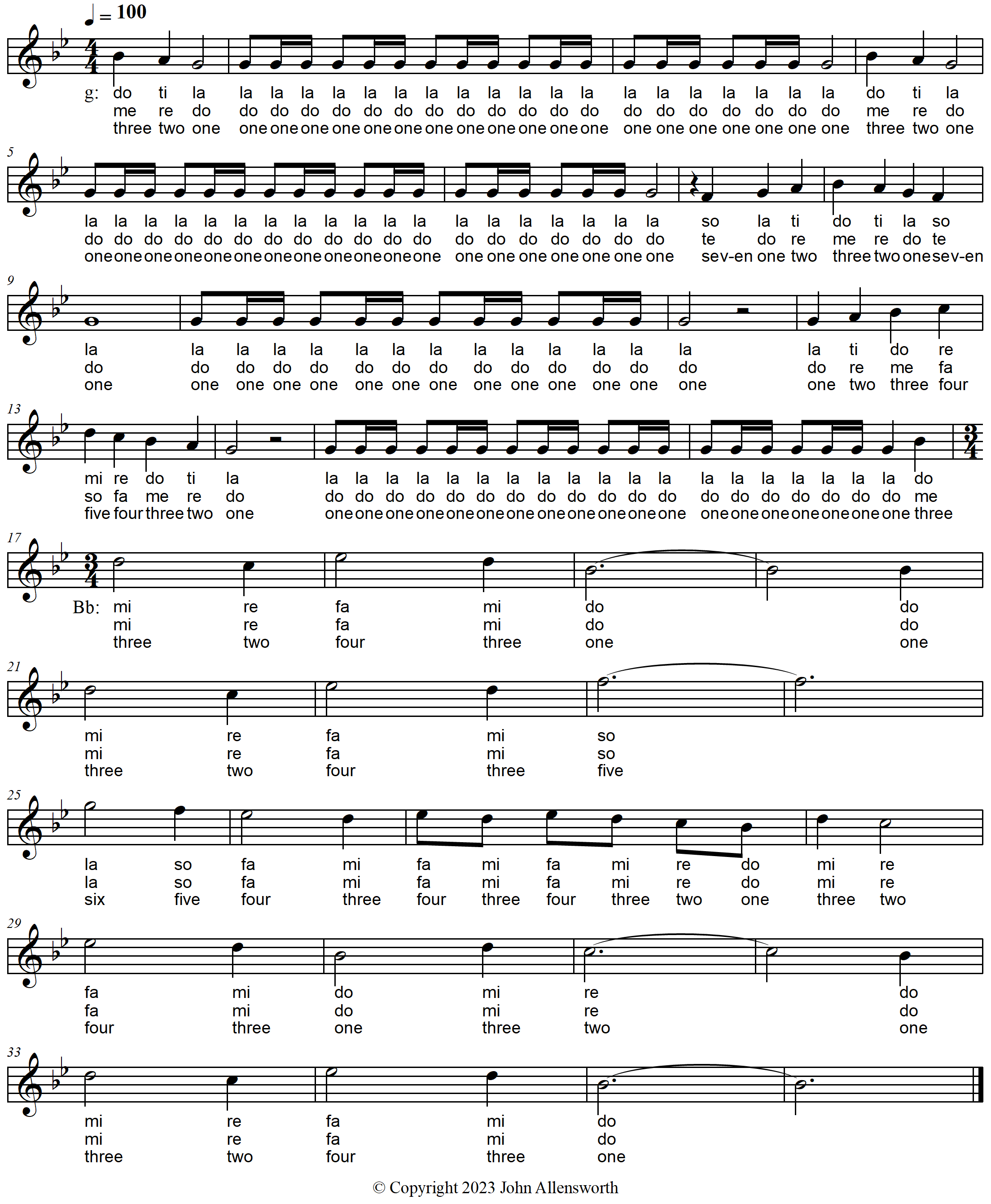 Melody 02-26-23, composed by John Allensworth, with solfege and scale degree numbers